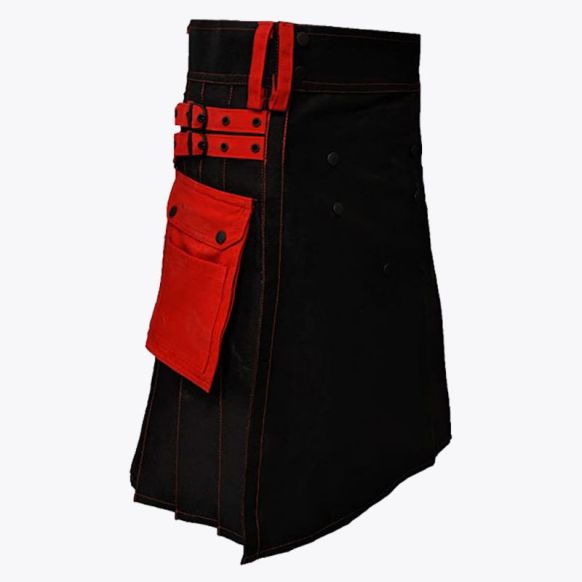 Black Deluxe Kilt Red Straps Style with Red Cargo Pockets