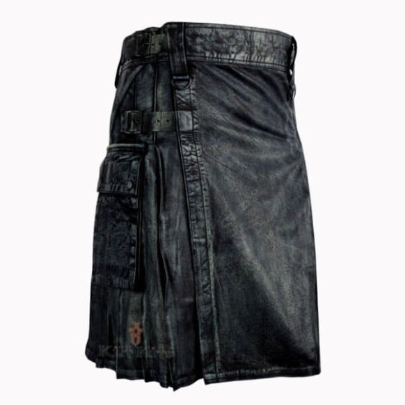 Black Leather Waxed Kilt Front