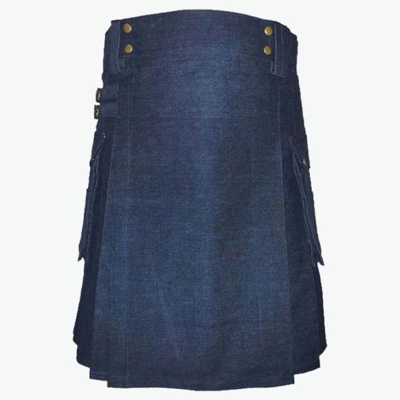 High Quality Blue Denim Kilt With Large Cargo Pockets