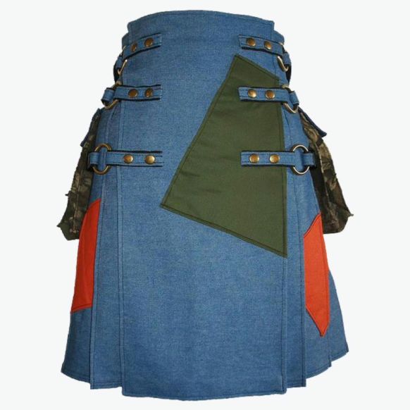 Blue Jean Denim Utility Kilt With Cargo Pockets For Men