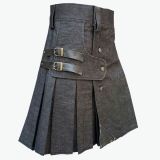 Black Denim Leather Strip Modern Kilt For Men