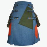 Blue Jean Denim Utility Kilt With Cargo Pockets For Men