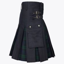 Black Cotton Hybrid Kilt With Black Watch Tartan 