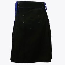 Black Deluxe Modern Kilt With Blue Straps Style and Blue Cargo Pockets