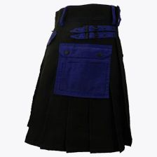 Black Deluxe Modern Kilt With Blue Straps Style and Blue Cargo Pockets