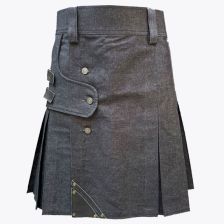 Black Denim Leather Strip Modern Kilt For Men