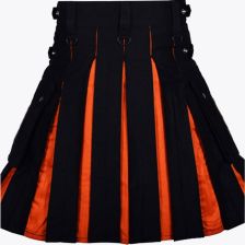 Black Modern Kilt With Orange Pleats Leather Straps Style  