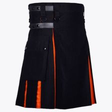 Black Modern Kilt With Orange Pleats Leather Straps Style  