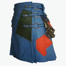 Blue Jean Denim Utility Kilt With Cargo Pockets For Men