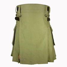 Cotton Olive Green Utility Kilt With Leather Straps Front