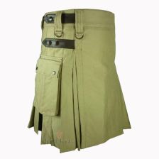 Cotton Olive Green Utility Kilt With Leather Straps Front