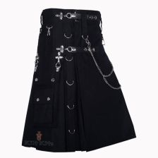 Gothic Style Black Cotton Utility Kilt Front